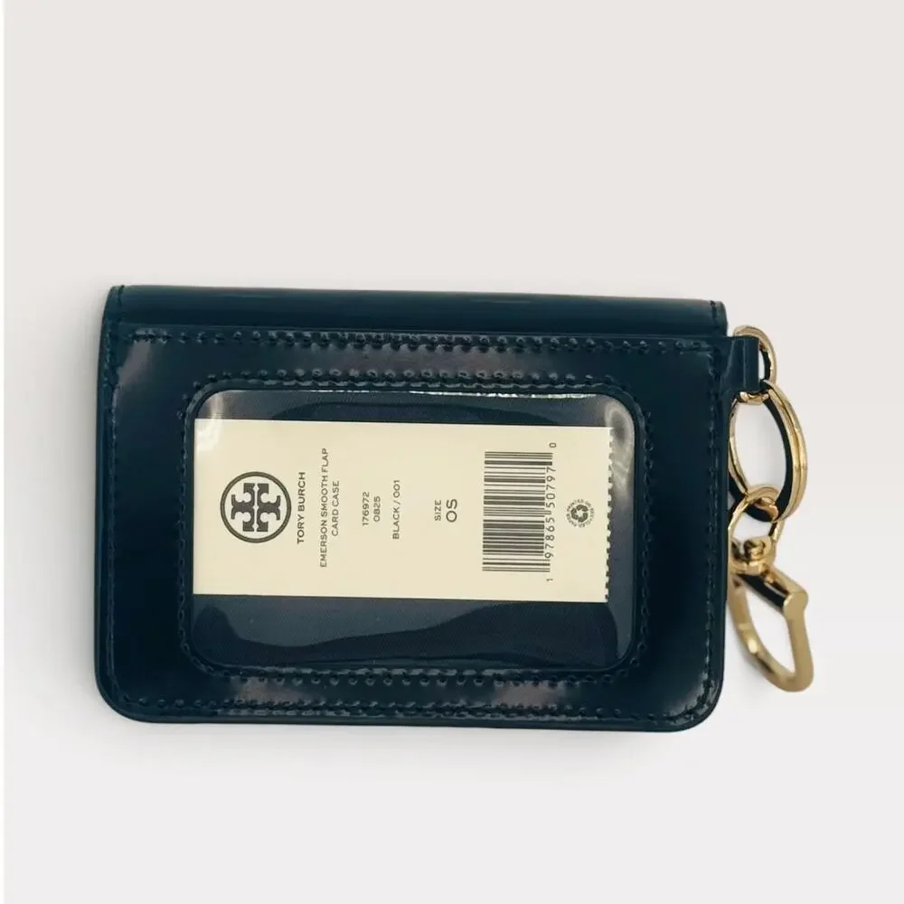 $175 Tory Burch Flap Card Case Wallet Black Patent Leather Gold Key Chain